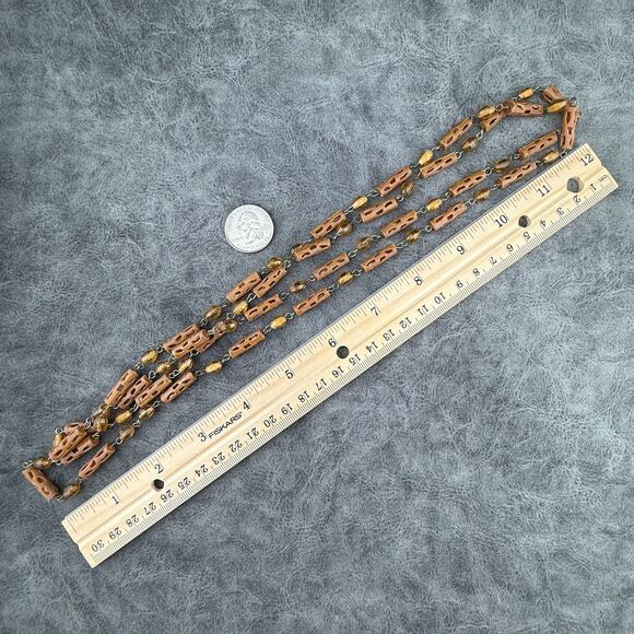 Carved Celluloid Brown Beads Necklace Faux Wood Early Plastic Art Deco VTG 26" - Picture 9 of 12